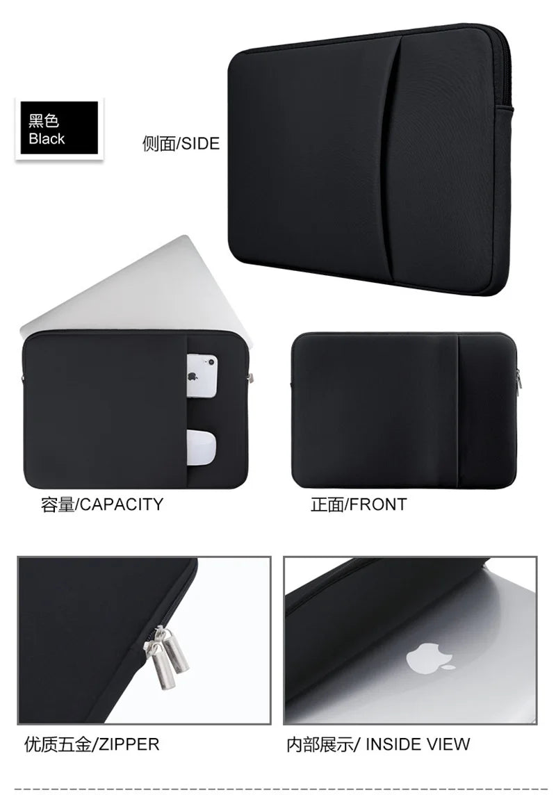 Black universal laptop sleeve case showing various views including side front and inside details