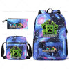 A blue and purple Minecraft themed backpack and a matching pouch.