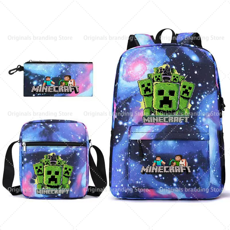 A blue and purple Minecraft themed backpack and a matching pouch.