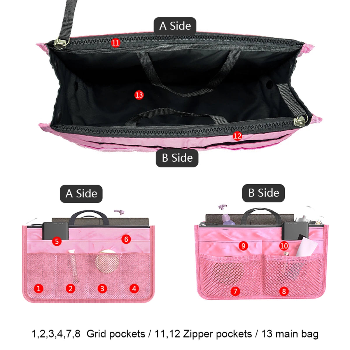 A side and B side views of a pink multi-pocket organizer tote bag with various zippered and grid pockets