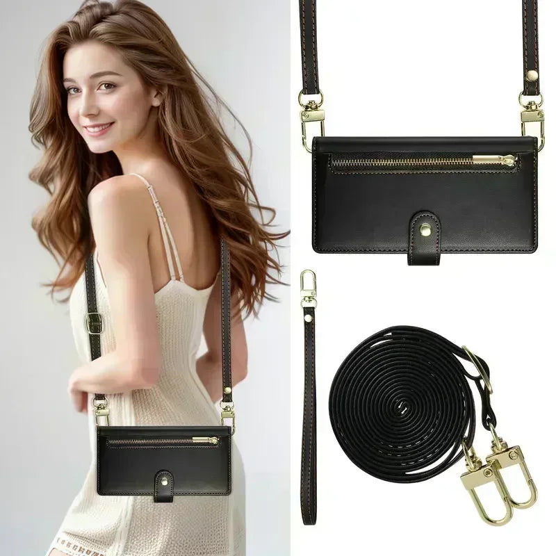 A woman models an elegant black leather crossbody phone case for iPhone.