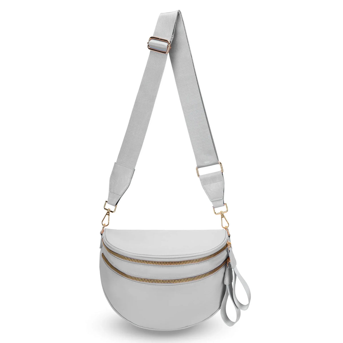 Hellgrabe karierte Crossbodytasche mit braunen Lederakzenten und silbernem Reißverschluss