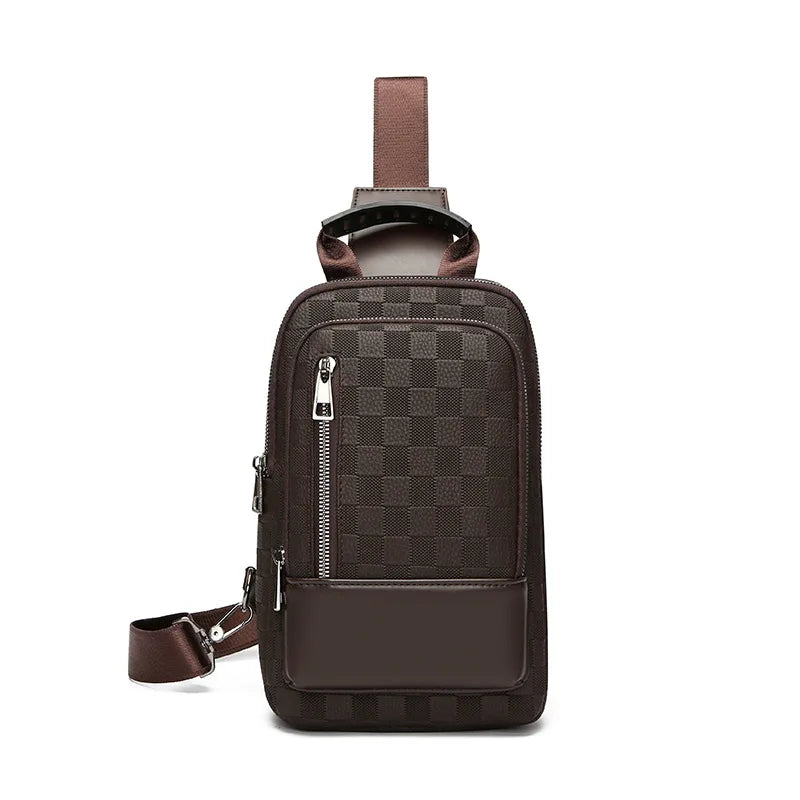 A dark brown men's crossbody bag with a checkered pattern and a brown leather strap.
