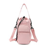 A pink thermal water bottle bag with adjustable straps is shown against a white background.