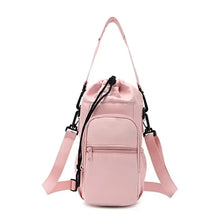 A pink thermal water bottle bag with adjustable straps is shown against a white background.