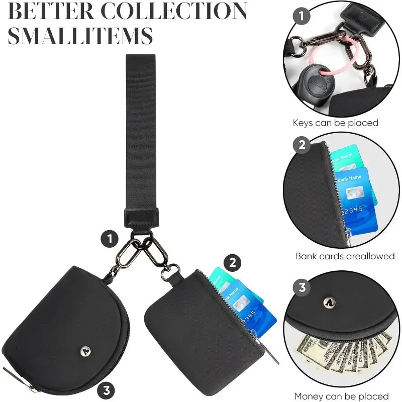Black dual-zip wristlet wallet with a detachable strap showing various features like key and card placement.