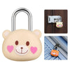 A cute bear-shaped combination padlock with a silver shackle and an orange body, shown next to its key and a close-up view.