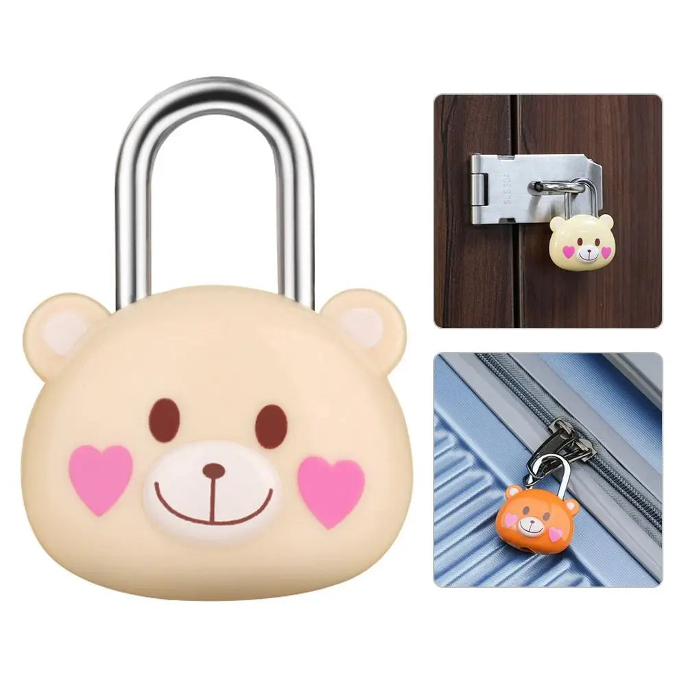 A cute bear-shaped combination padlock with a silver shackle and an orange body, shown next to its key and a close-up view.