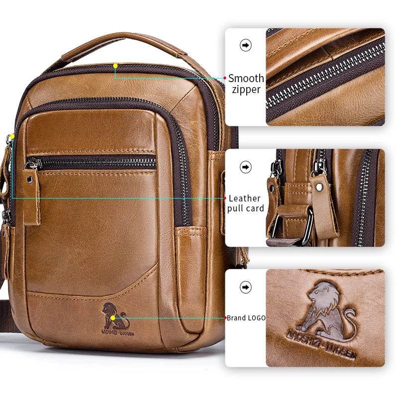 Bolso cruz de cuero genuino marrón con cremallera lisa, tarjeta de tirador de cuero y detalle del logotipo de la marca.