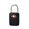 A black keyed luggage lock with a silver shackle and a red diamond emblem.