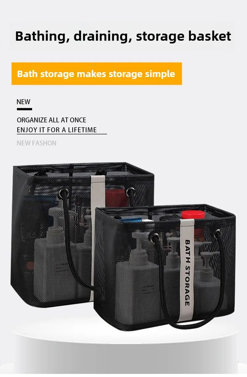 Black mesh storage basket with a handle used for bathing, draining, and storage.