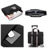 Black slim commuter laptop briefcase shown in various views including an open case and a closed bag.