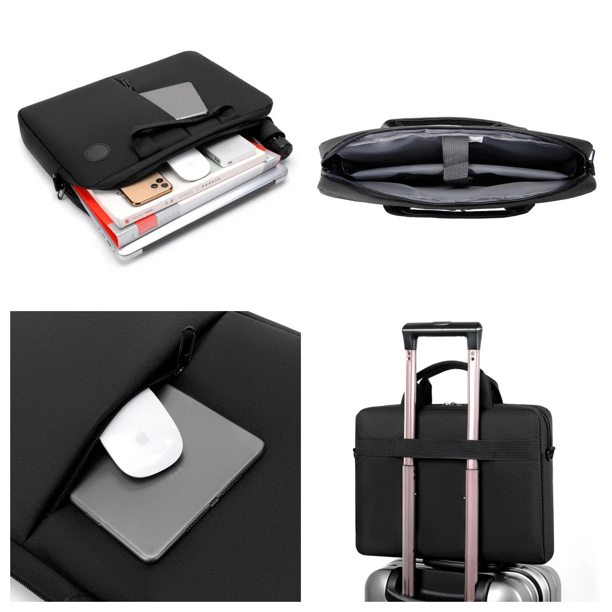 Black slim commuter laptop briefcase shown in various views including an open case and a closed bag.