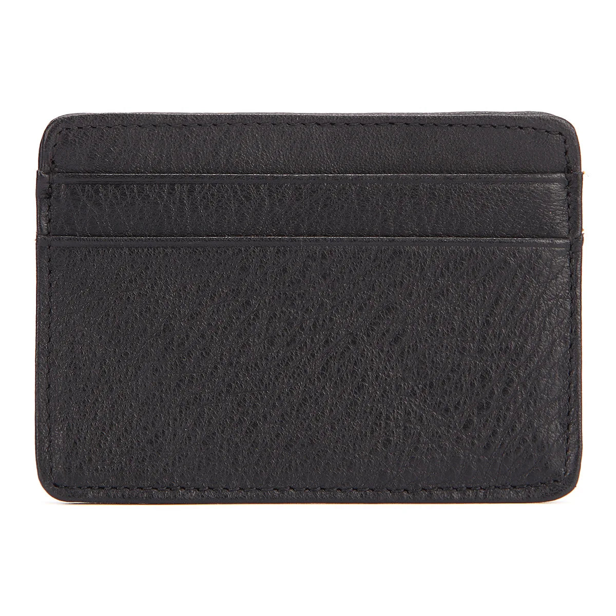 Schwarzes, echtes Kuhfell-Kartenträger-Wallet, flach vor weißem Hintergrund.