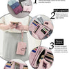 A multi-slot frosted pink card wallet shown with various features like high capacity and a zipper pouch.
