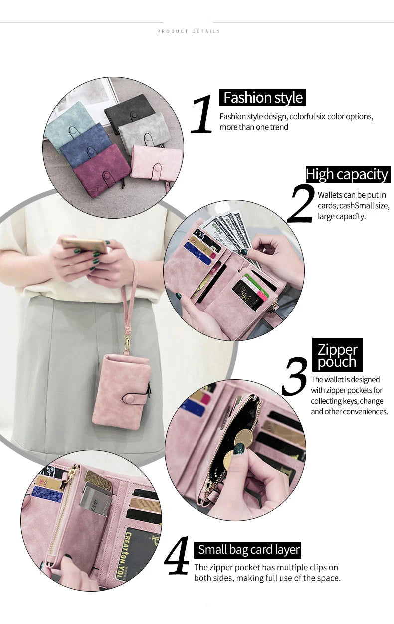 A multi-slot frosted pink card wallet shown with various features like high capacity and a zipper pouch.