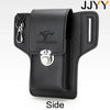 Side view of a black vintage leather waist bag with a belt clip and a silhouette emblem.