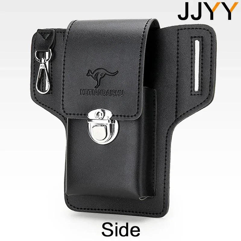 Side view of a black vintage leather waist bag with a belt clip and a silhouette emblem.