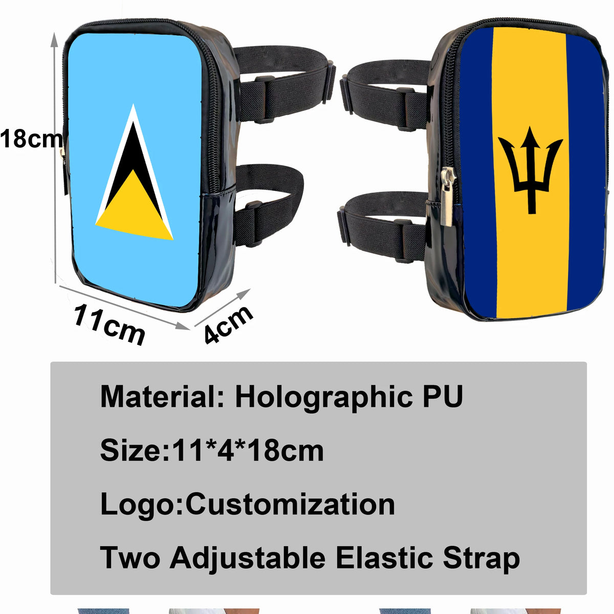 A blue and yellow holographic PU waist pouch with a black strap and a triangular logo.