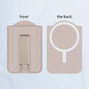 Front and back views of a pink magnetic PU leather phone wallet with card holder and stand