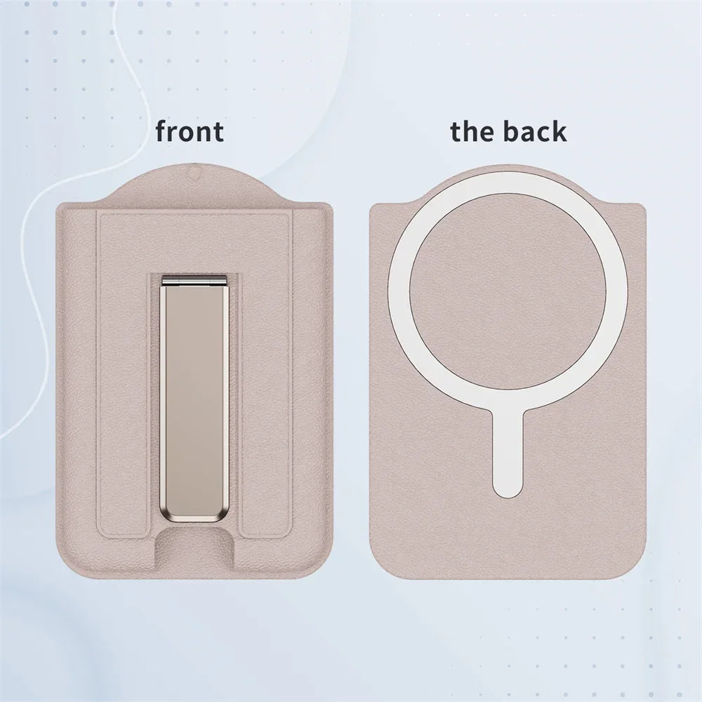 Front and back views of a pink magnetic PU leather phone wallet with card holder and stand