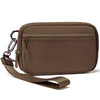 A brown leather multi-card wallet with a clear ID window and a leather strap.