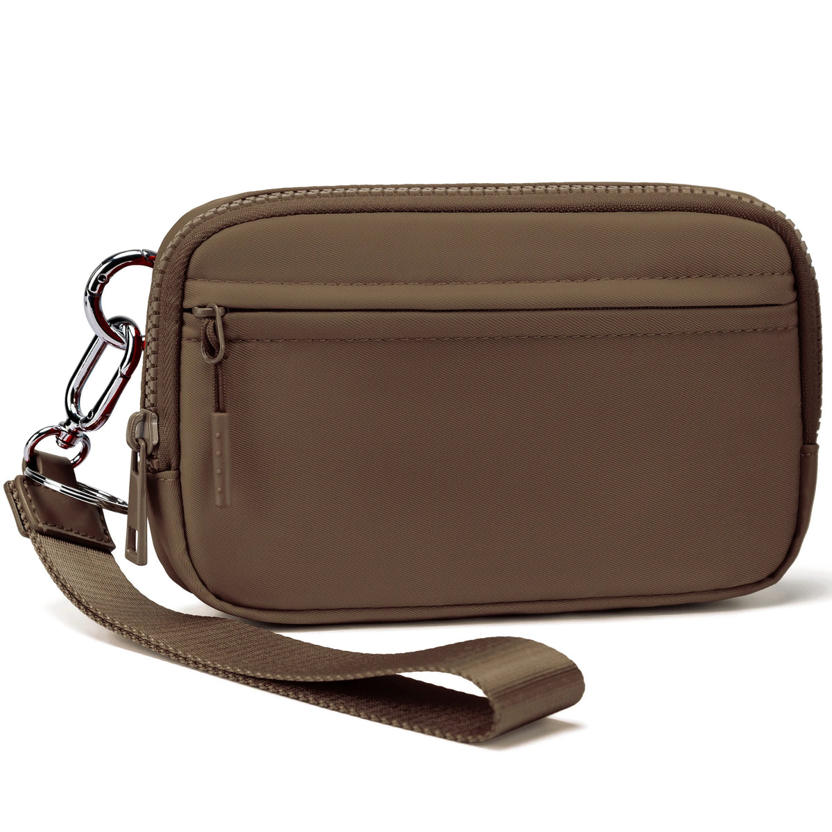 A brown leather multi-card wallet with a clear ID window and a leather strap.