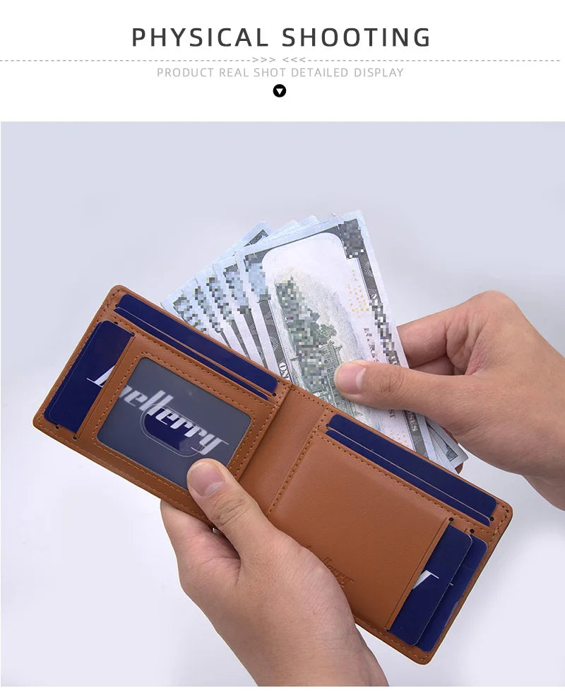 A hand holds an open brown leather wallet with a money clip and cash, demonstrating physical shooting.