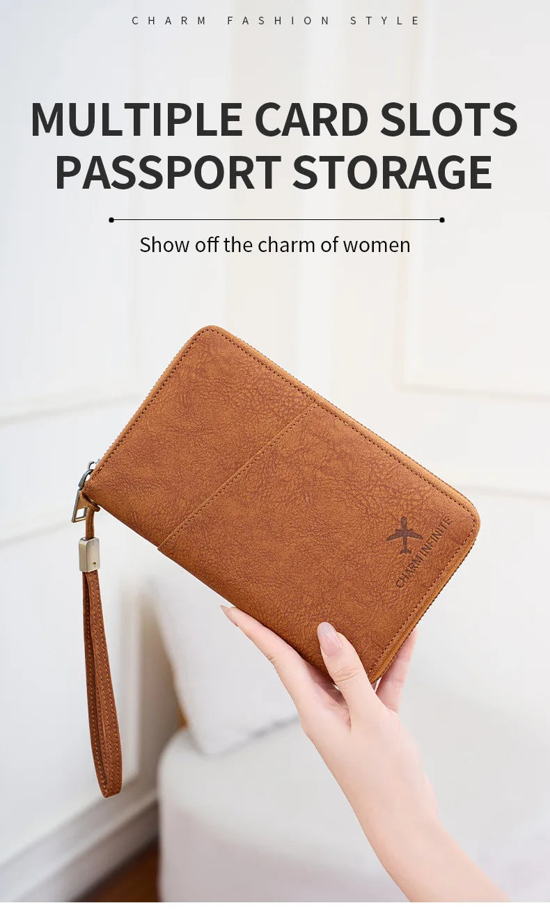 A brown leather multi-card slot passport storage holder being held by a hand.