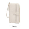 A beige PU leather zipper clutch wallet with a strap shown in a vertical view.