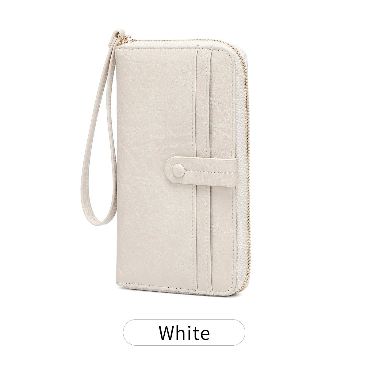 A beige PU leather zipper clutch wallet with a strap shown in a vertical view.