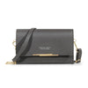 A dark gray women's multi-card shoulder wallet with gold hardware and a leather strap.