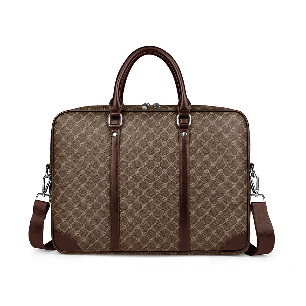 A brown luxury PU leather business briefcase with a handle and leather straps.