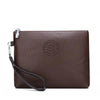 A dark brown PU leather clutch bag with a silver chain strap and an embossed logo on the front.