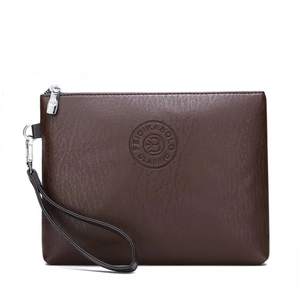 A dark brown PU leather clutch bag with a silver chain strap and an embossed logo on the front.