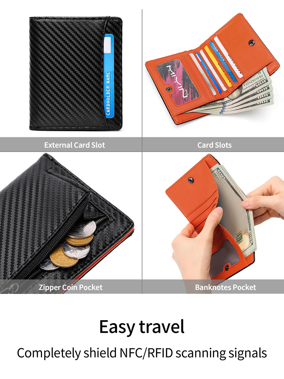 An orange and black RFID-blocking bi-fold wallet showing card slots, coin pockets, and banknote storage.