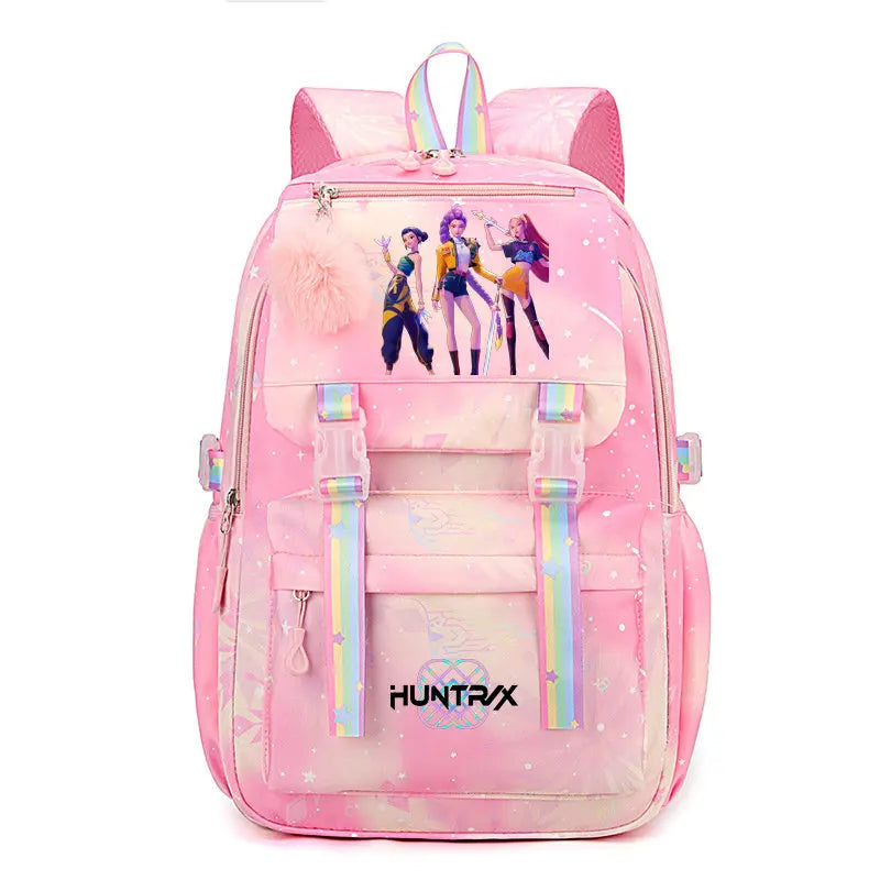 Pink and purple glitter laptop backpack featuring three anime-style characters