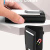 A hand demonstrates the magnetic closure of a black wallet with a textured cover.