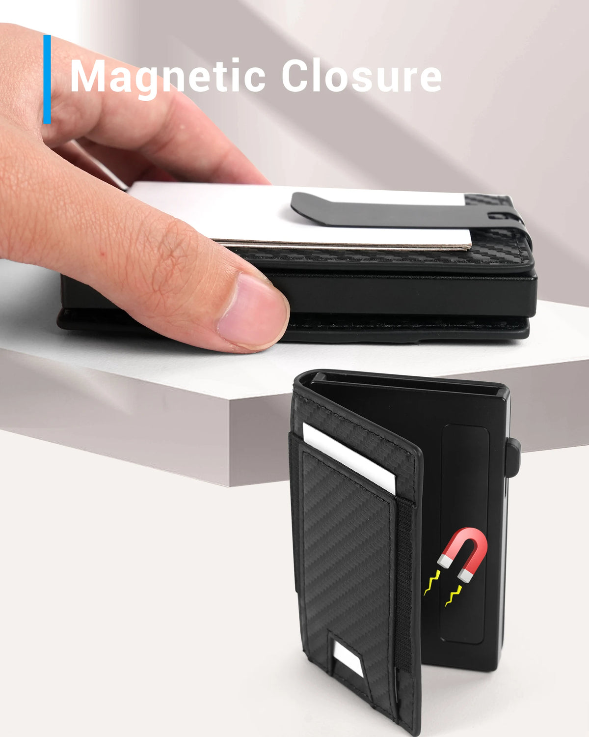 A hand demonstrates the magnetic closure of a black wallet with a textured cover.