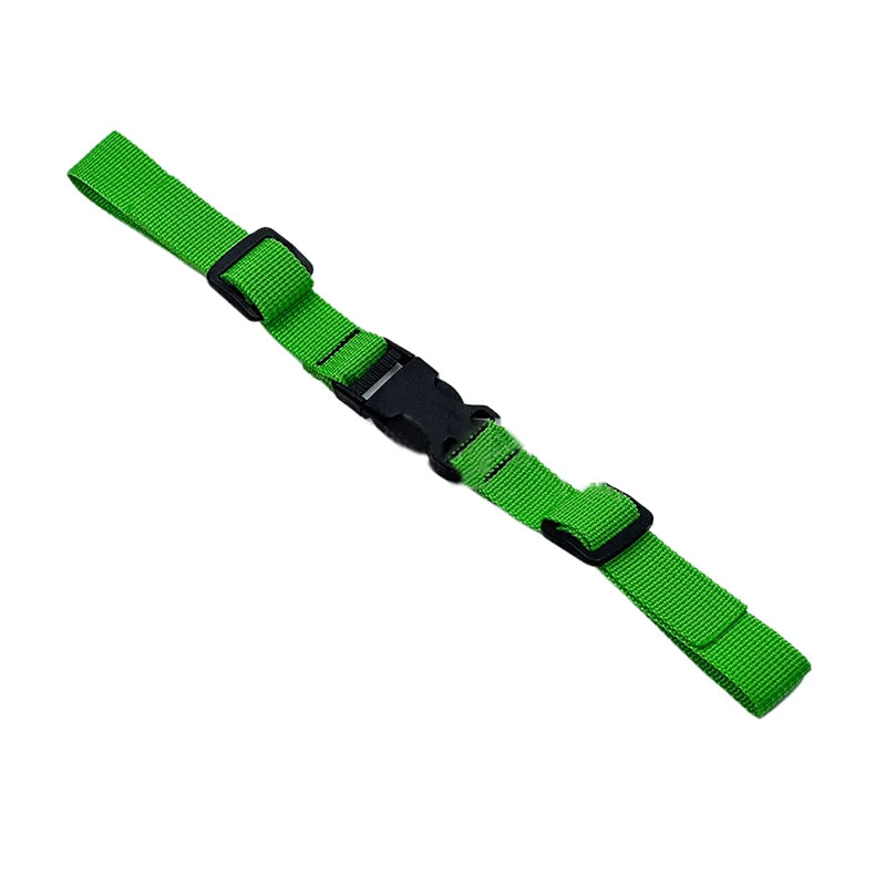 A green and black adjustable tactical backpack chest strap harness.