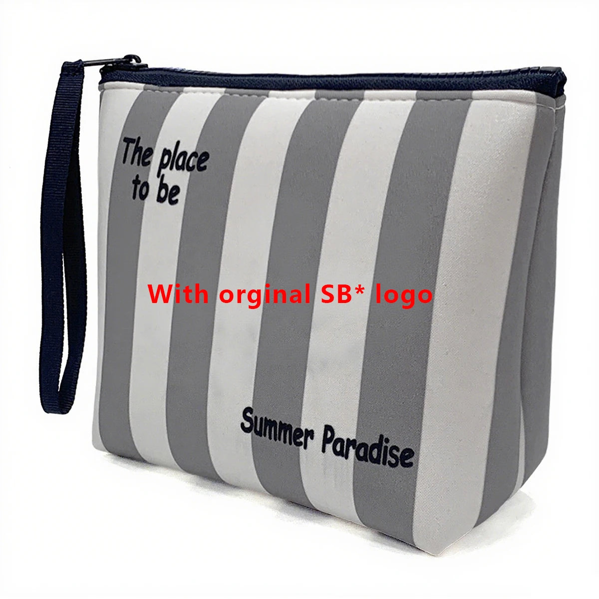 Bolsa cosmética a rayas grises y blancas con texto negro que dice 'The place to be' y 'Summer Paradise'