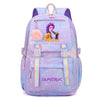 A purple and pink Jacquard laptop backpack featuring a stylized female character design.