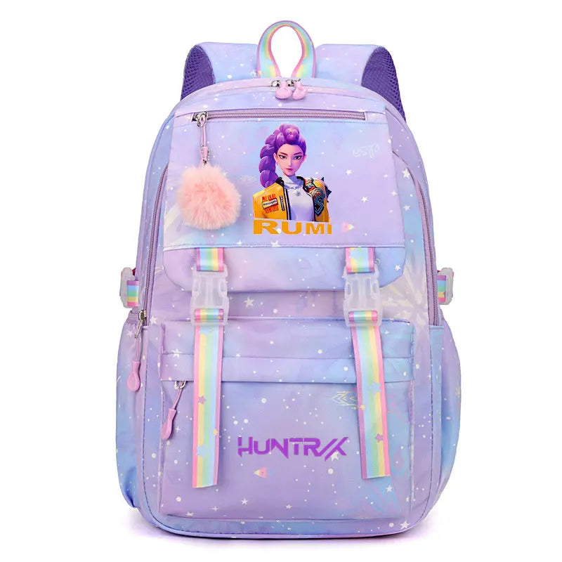 A purple and pink Jacquard laptop backpack featuring a stylized female character design.
