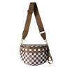A brown nylon crossbody bag with a checkered pattern and adjustable strap.