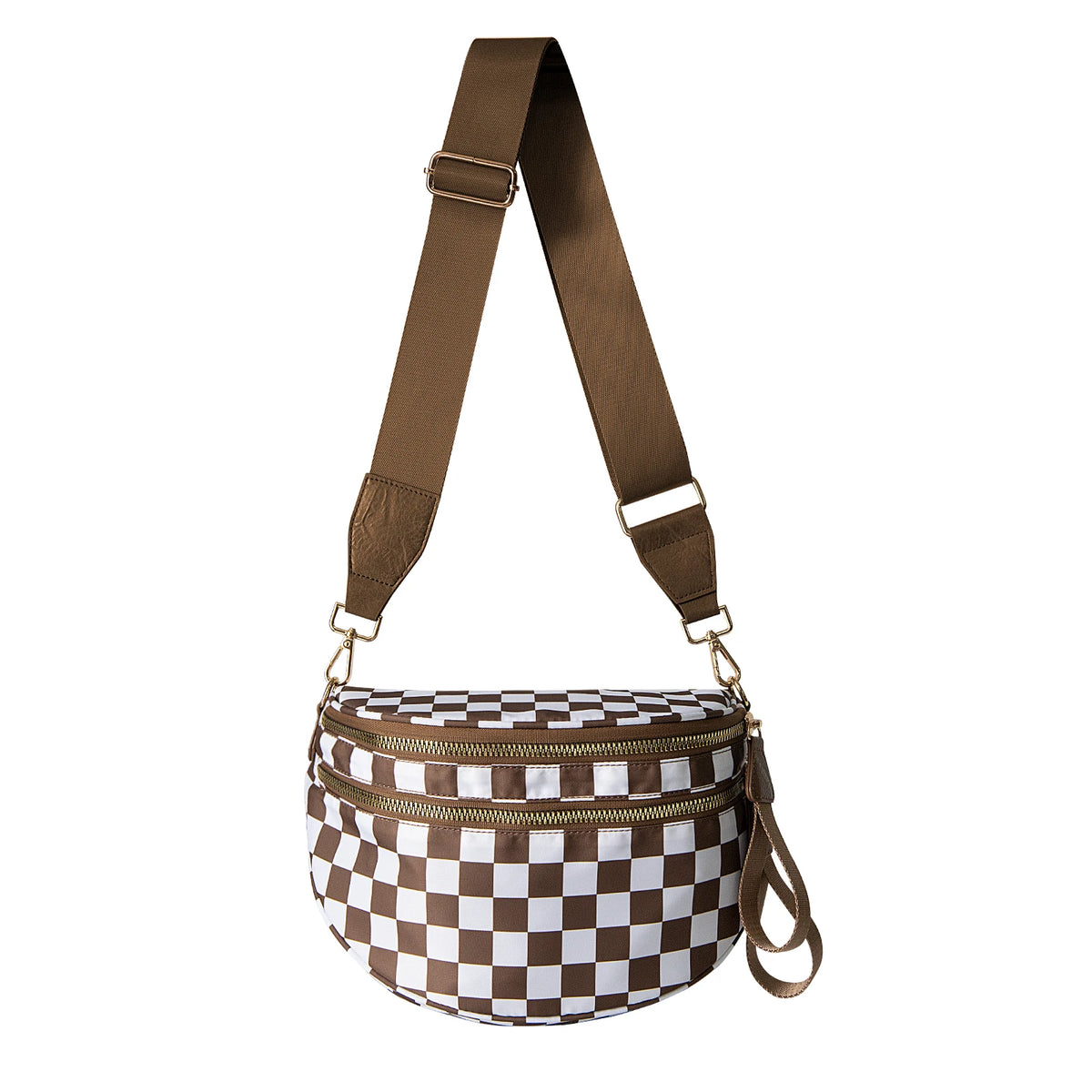 A brown nylon crossbody bag with a checkered pattern and adjustable strap.