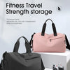 A pink and black fitness travel strength storage backpack with a separate shoe compartment.