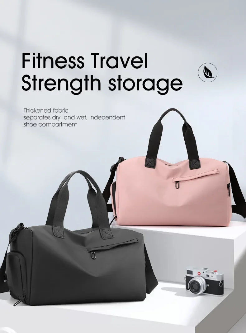 A pink and black fitness travel strength storage backpack with a separate shoe compartment.