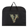 Black fabric dust cover and storage bag featuring a gold ornate letter V design