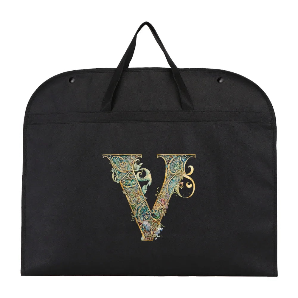 Black fabric dust cover and storage bag featuring a gold ornate letter V design