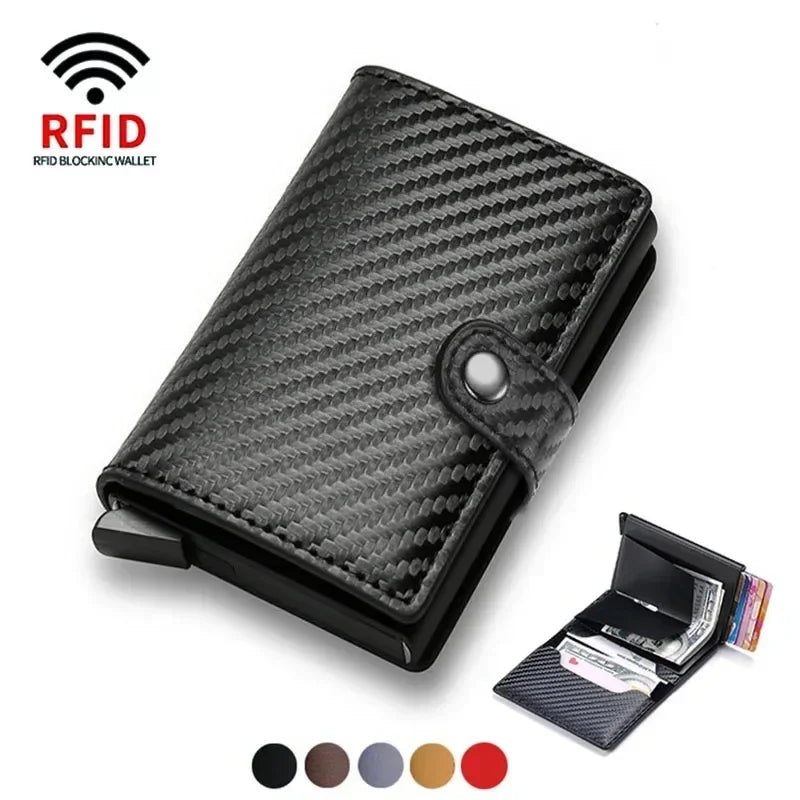 A black RFID blocking wallet with a textured pattern shown open, displaying an ID card.
